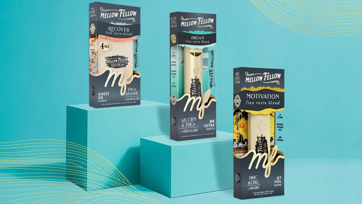 Mellow Fellow 4ml live resin disposable vapes in multiple mood blend colors