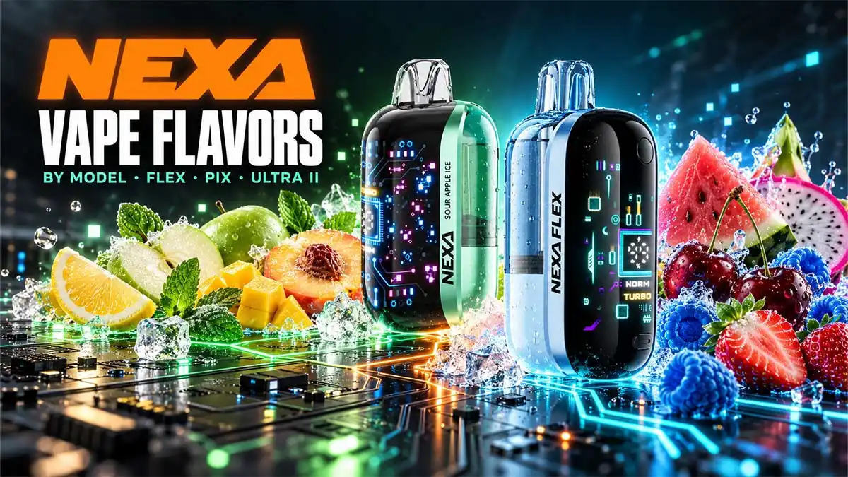 Nexa vape flavors: Nexa Flex and Nexa Sour Apple Ice on a glowing circuit board with apple, peach, cherry, berries and ice