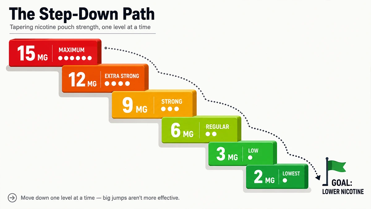 Nicotine pouch strength chart from 2mg to 15mg showing step-down path