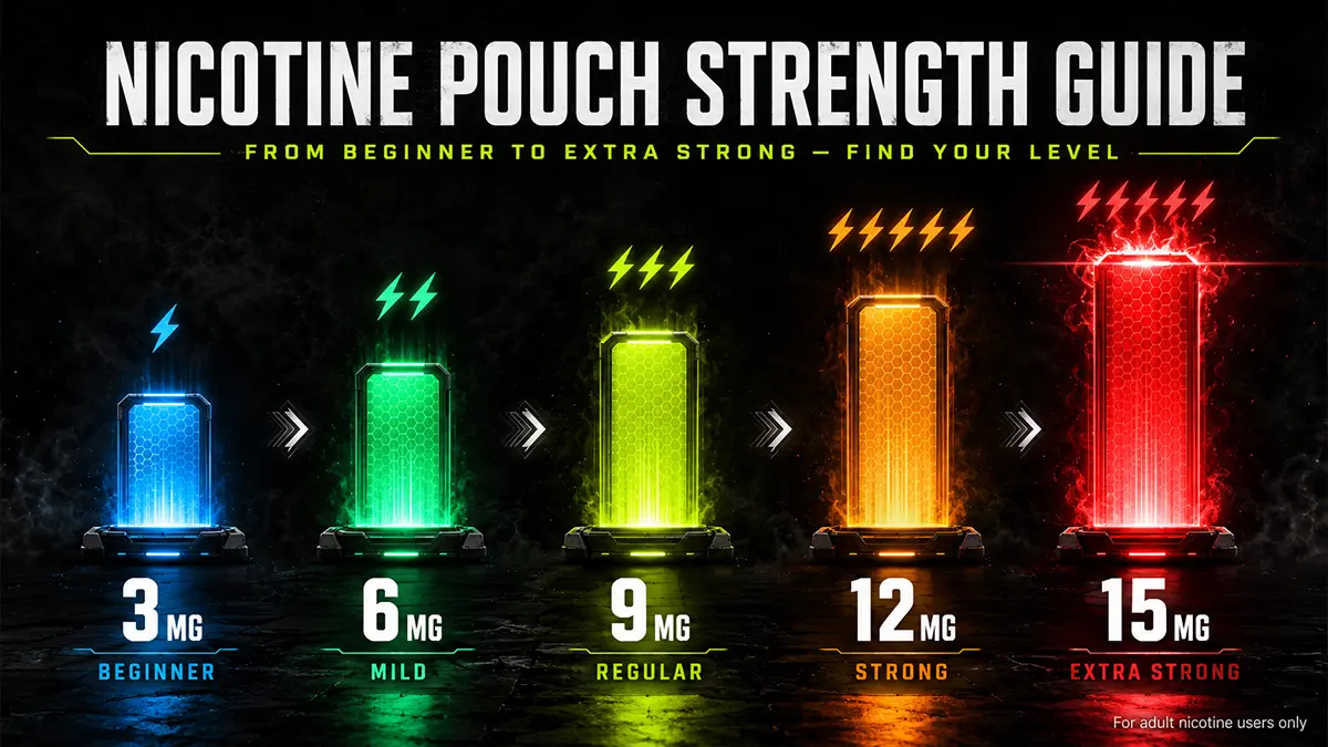 Nicotine pouch strength comparison chart — 3mg to 15mg tiers explained