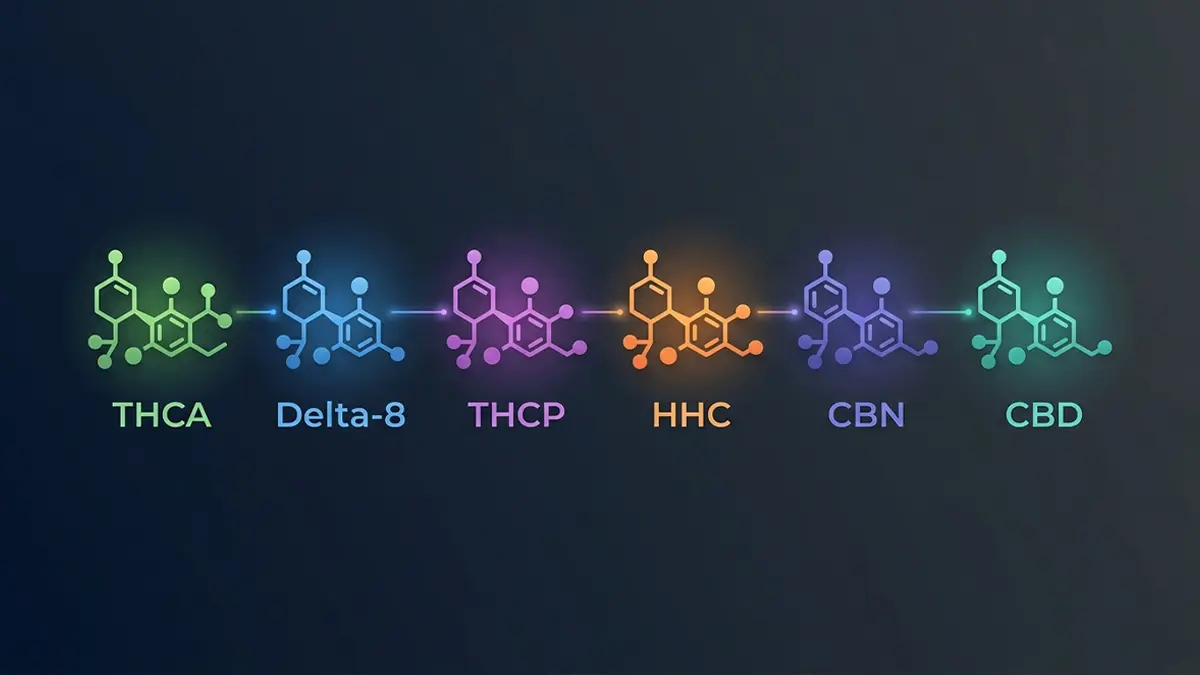 Visual guide showing major hemp cannabinoids including THCA Delta-8 HHC THCP CBN CBD