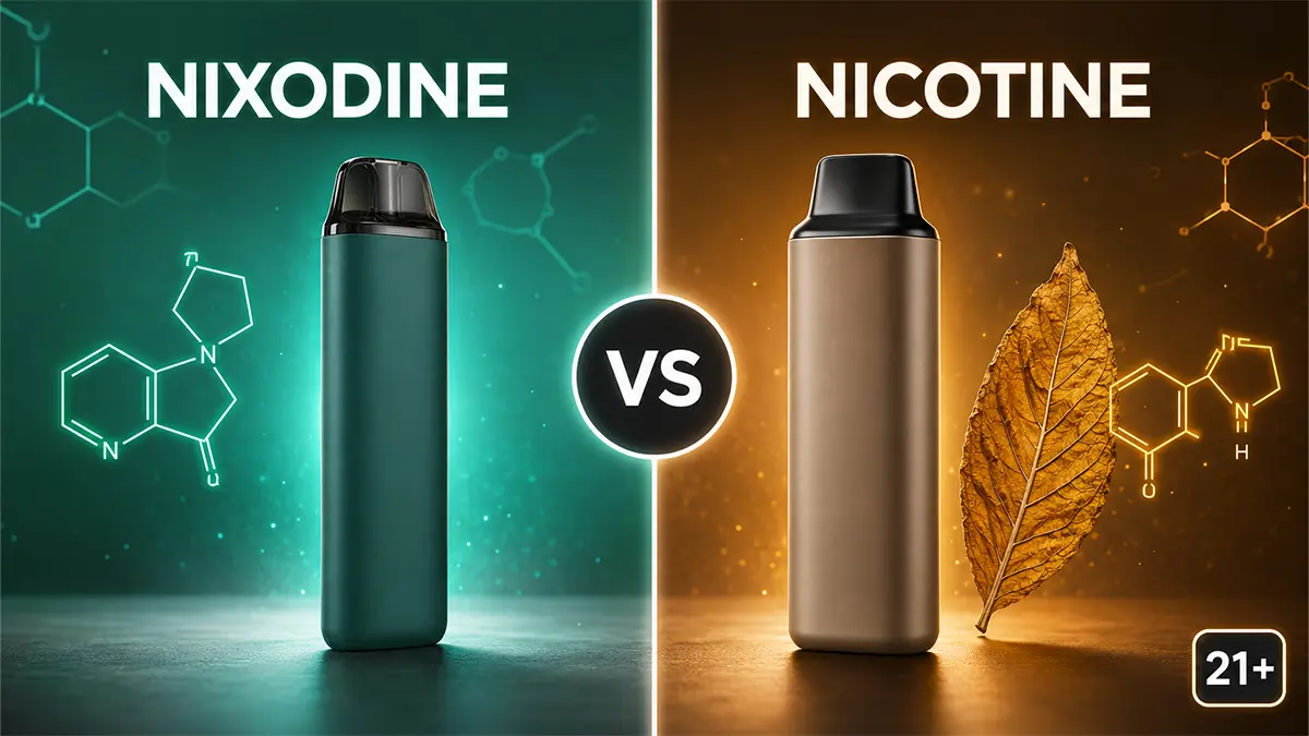 Side-by-side comparison of a Nixodine vape and a nicotine vape with molecular diagrams showing they are different compounds.