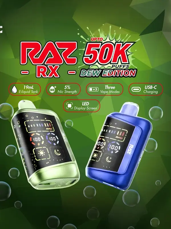 RAZ RX50K Dew Edition soda-inspired vape with LED display and Code flavors