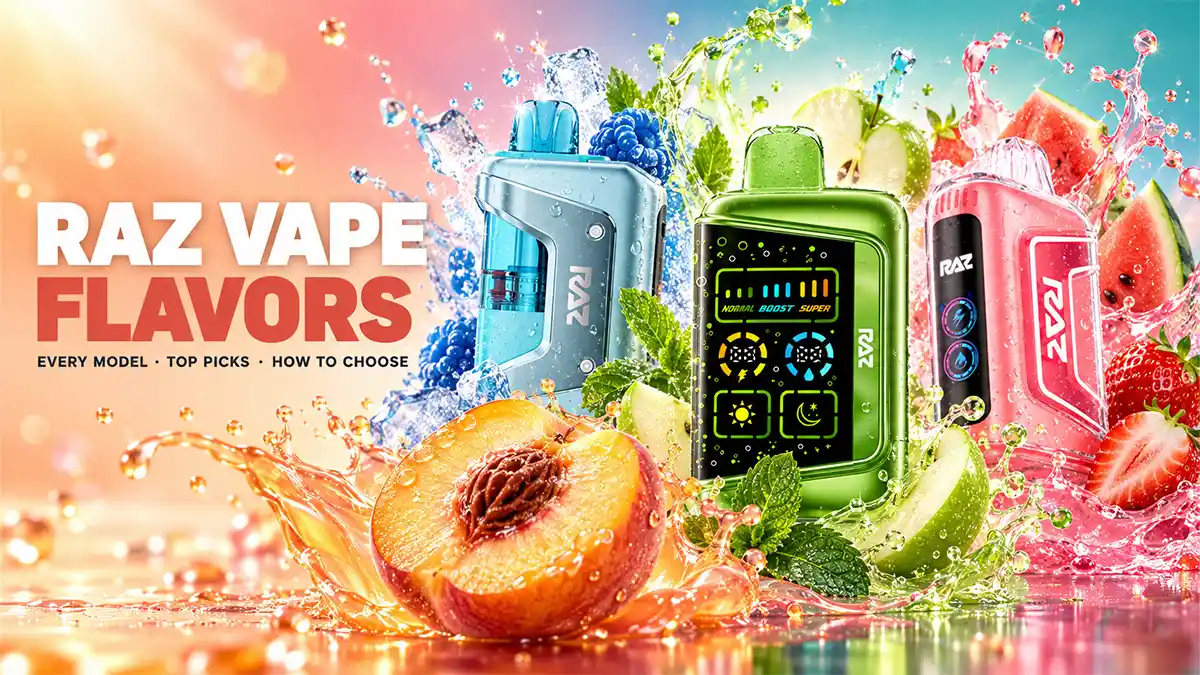 RAZ vape flavors: three RAZ devices surrounded by peach, watermelon, mint, green apple and ice in a juice splash