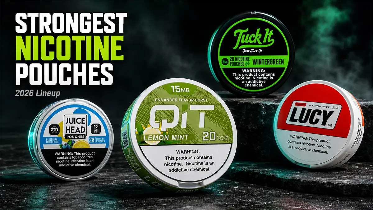 Strongest nicotine pouches 2026 lineup showing 15mg QIT Lucy Juice Head and Tuck It cans