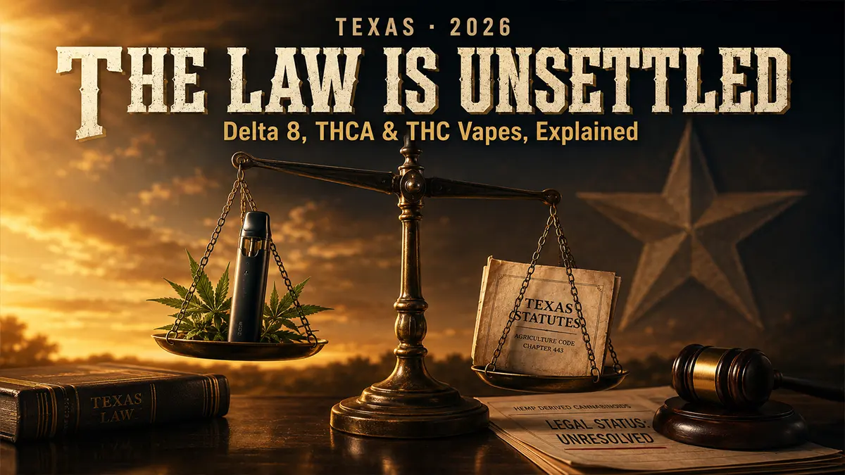 Texas map with a legal gavel and hemp leaf illustrating contested Delta 8 and THC vape law in 2026