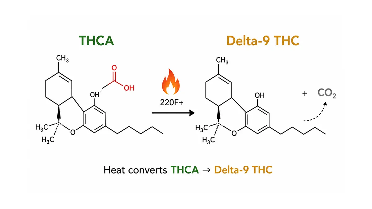 Diagram showing how THCA converts to Delta-9 THC through decarboxylation when heated