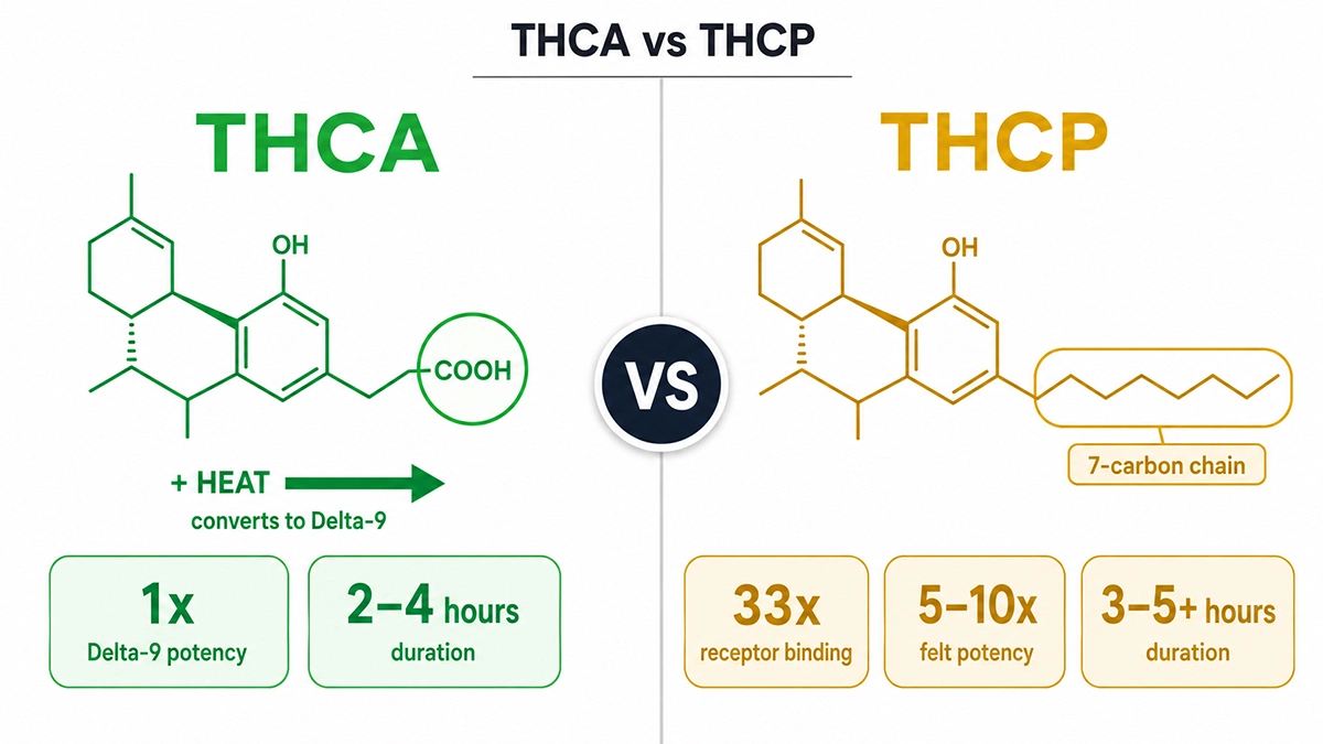 THCP vs THCA potency comparison showing receptor binding and felt effects differences