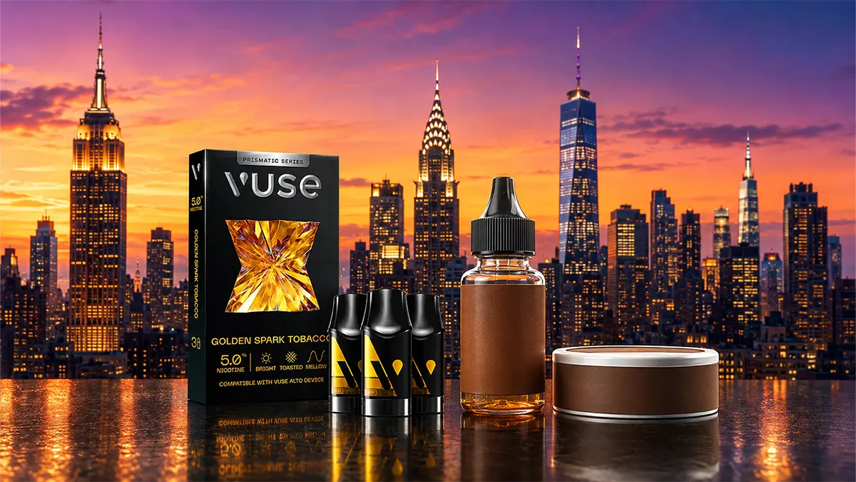 Tobacco Vuse Alto pod device, bottled tobacco e-liquid, and nicotine pouches that stay legal to buy in New York