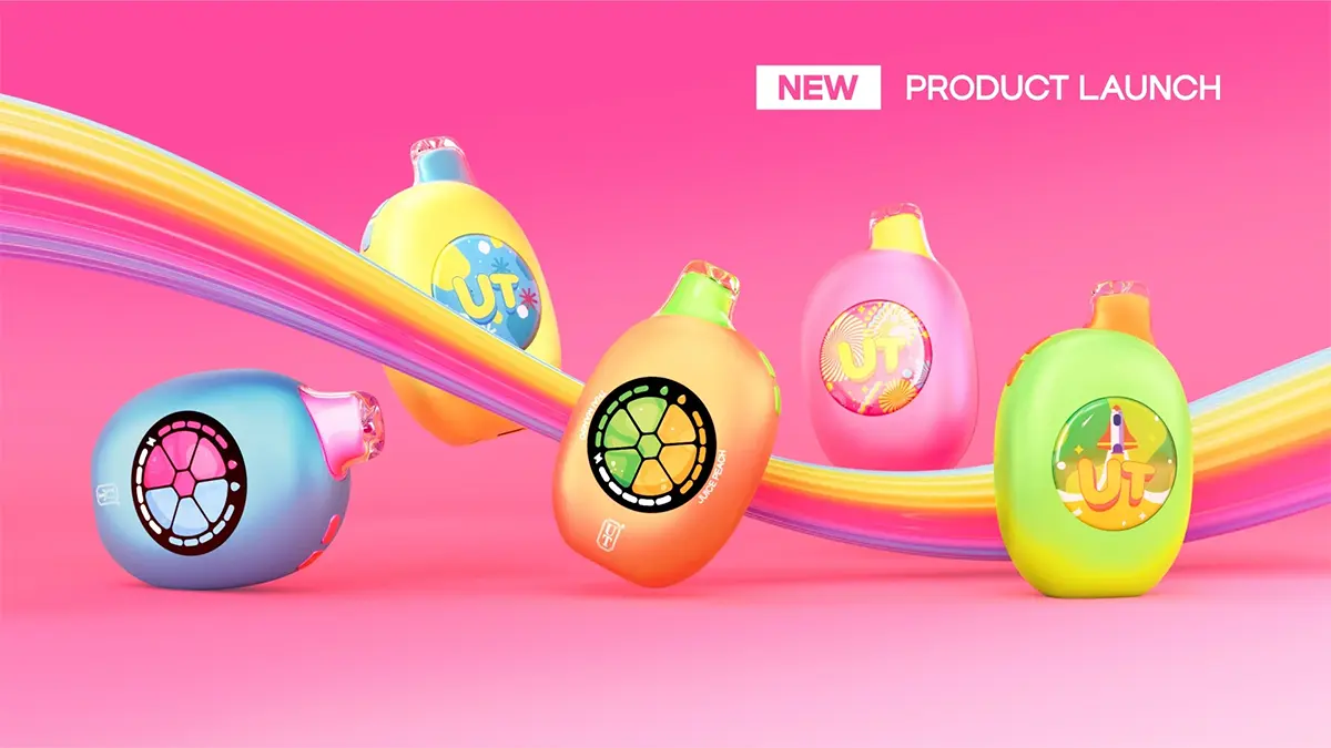 Flum UT Bar 50K disposable vapes in five colorful flavors with digital screens on a pink rainbow background