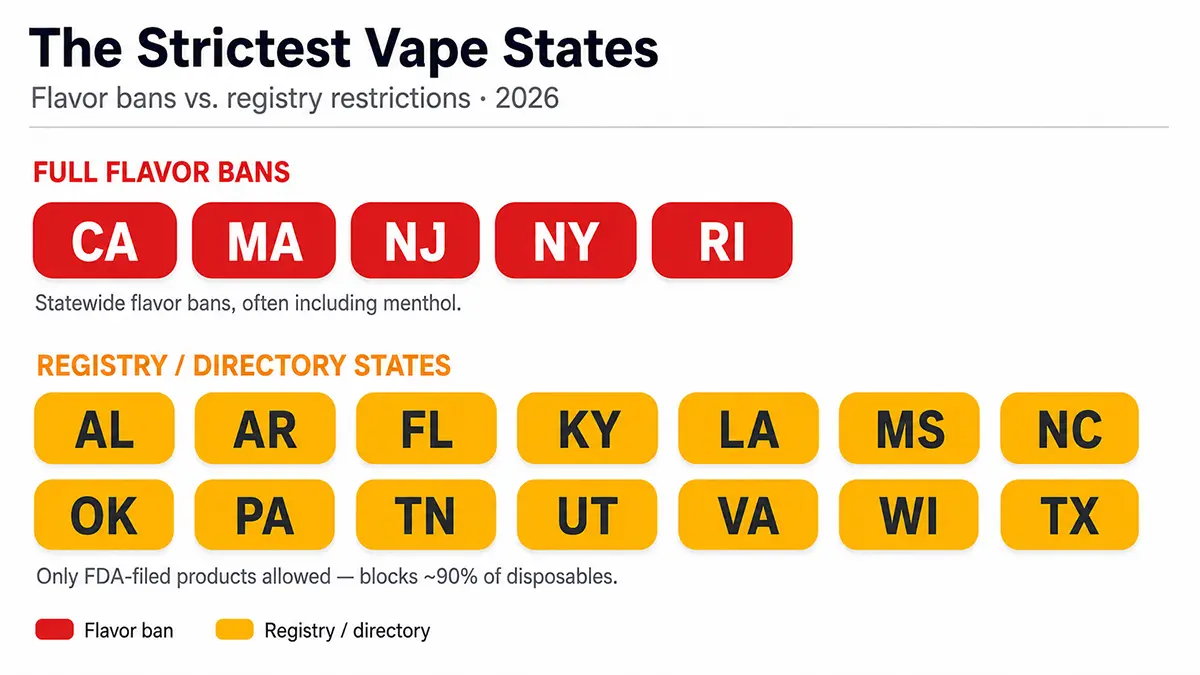 States that ban flavored vapes and PMTA registry states 2026 list