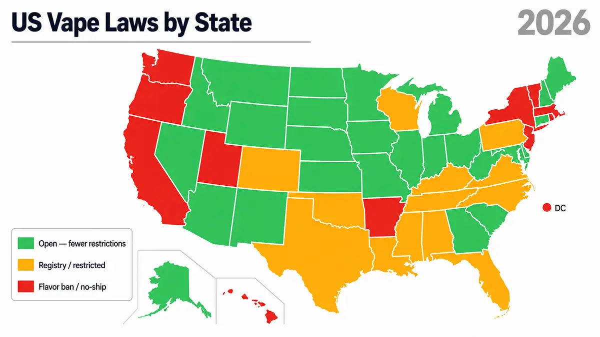 Vape laws by state 2026 US map showing flavor bans registries and restrictions