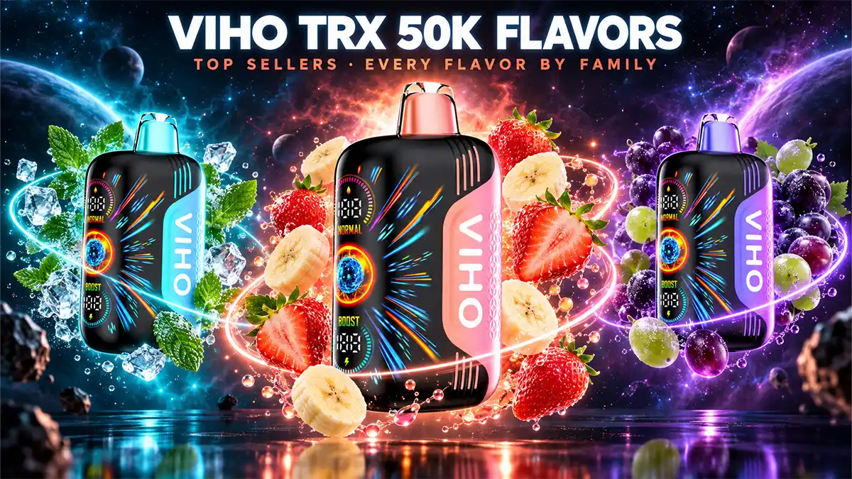 Viho TRX 50K flavors: coral, teal and purple TRX 50K vapes orbited by strawberries, banana, mint, ice and grapes