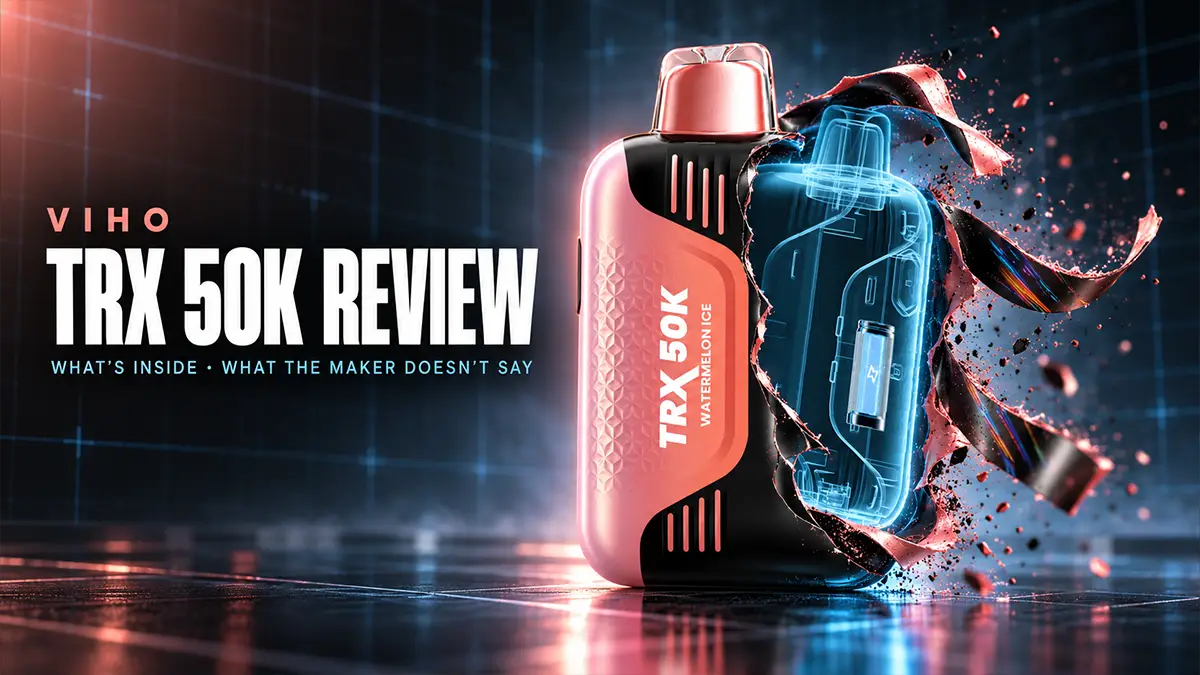 Viho TRX 50K review: Watermelon Ice device with its shell peeling away to reveal the X-ray interior and battery