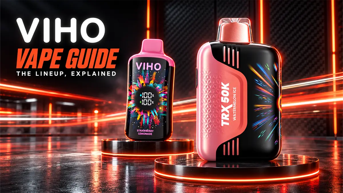 Viho vape guide: Viho TRX 50K Watermelon Ice and Supercharge Pro 20K on glowing platforms in a dark showroom