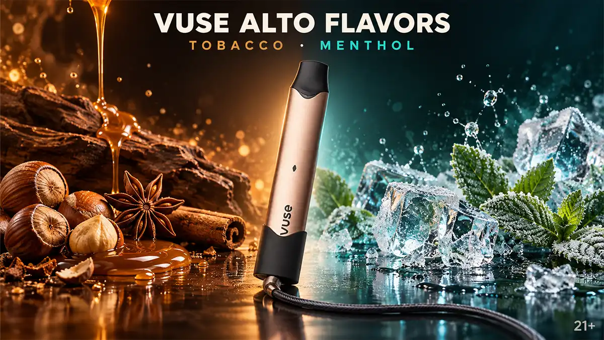 Vuse Alto flavors: rose gold Vuse Alto in its charger between warm caramel tobacco notes and icy menthol
