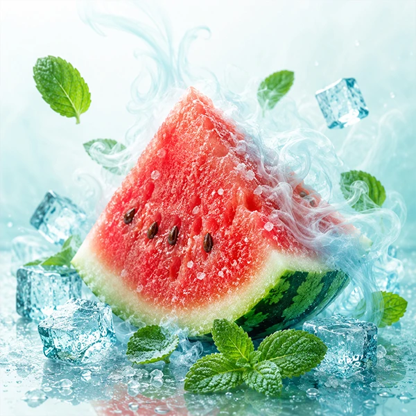 Watermelon Ice flavor profile visual, sweet ripe melon with cool menthol