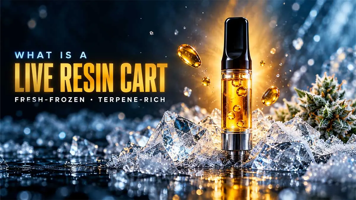 What is a live resin cart: glass 510 cartridge with golden amber oil set in ice and frost beside a fresh-frozen hemp bud