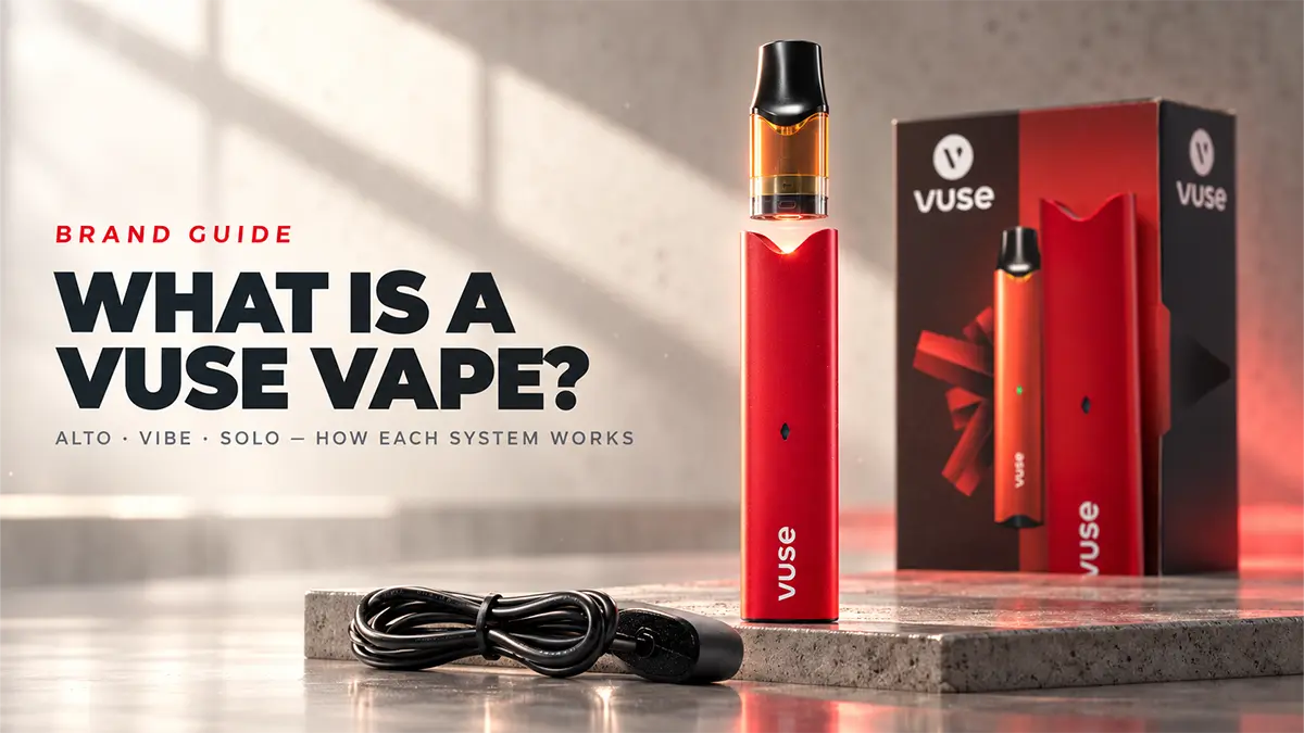 What is a Vuse vape: red Vuse Alto power unit with a pod about to dock, magnetic charger and retail box