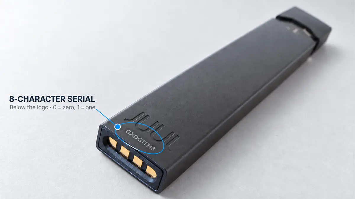 JUUL device with a callout showing the 8-character serial number engraved below the logo on the back