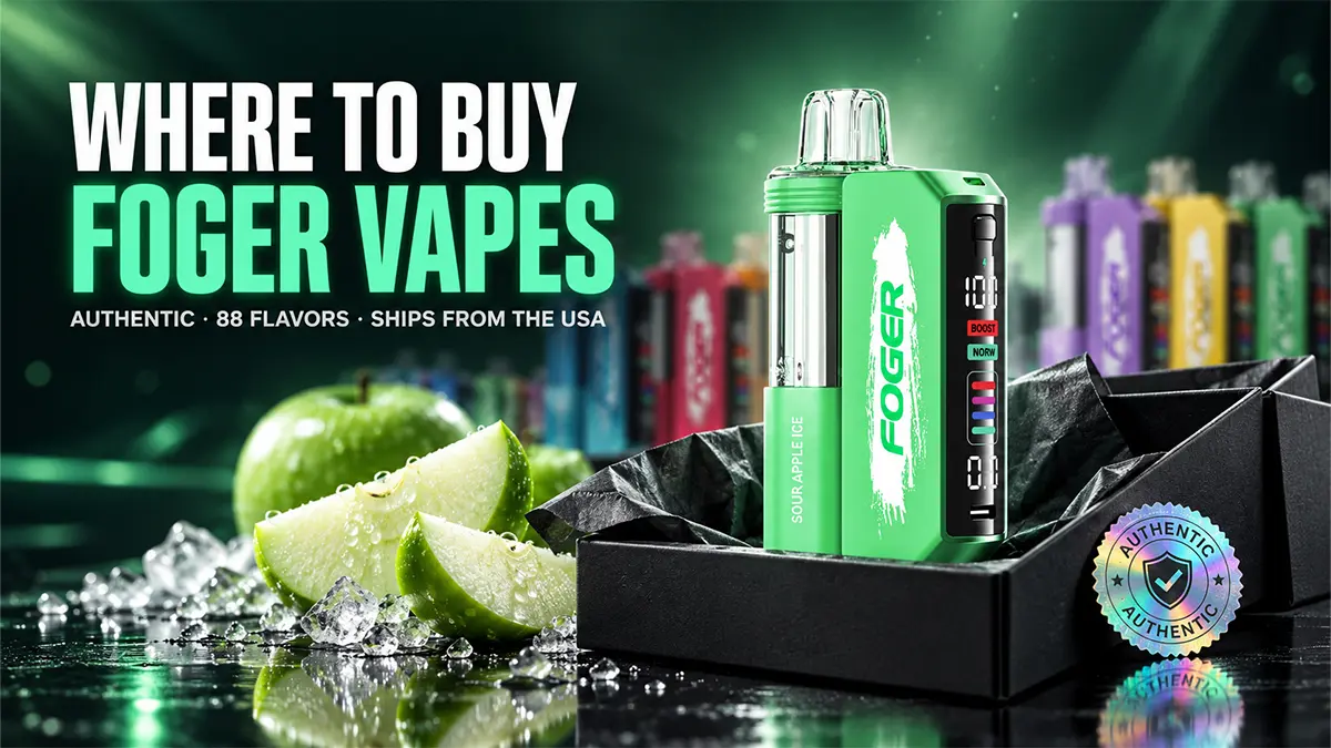 Where to buy Foger vape: Switch Pro 30K Sour Apple Ice rising from a shipping box with an authenticity seal