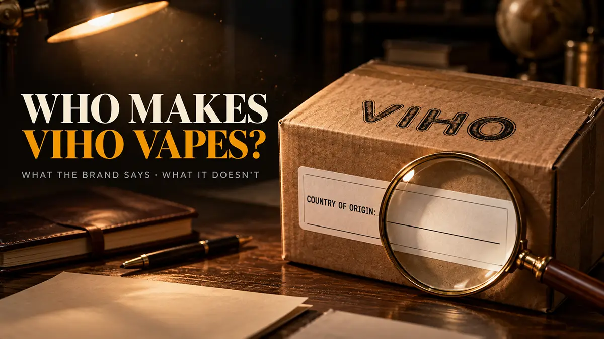 Who makes Viho vapes: box stamped with the Viho logo, a magnifying glass over a blank country of origin label