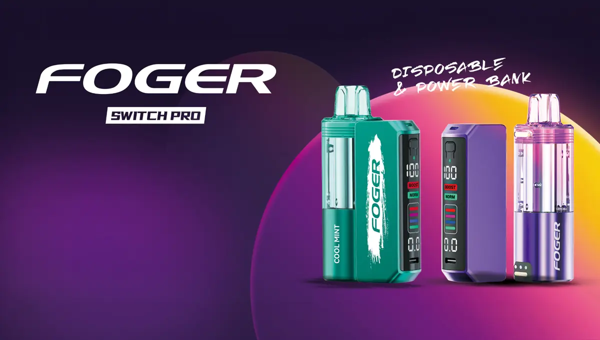 Foger Switch Pro 30K modular disposable vape with detachable power bank, shown in Cool Mint and purple colorways