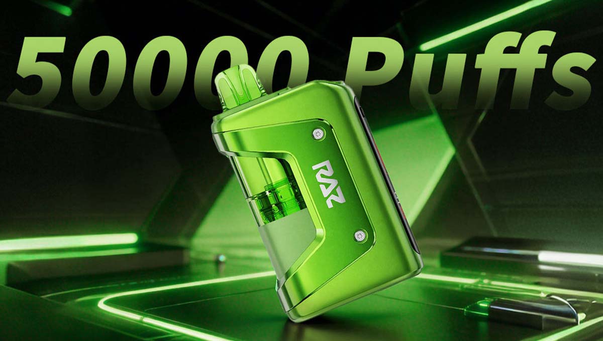 RAZ VUE 50K disposable vape kit in green, showing clear e-liquid tank and detachable battery pod system